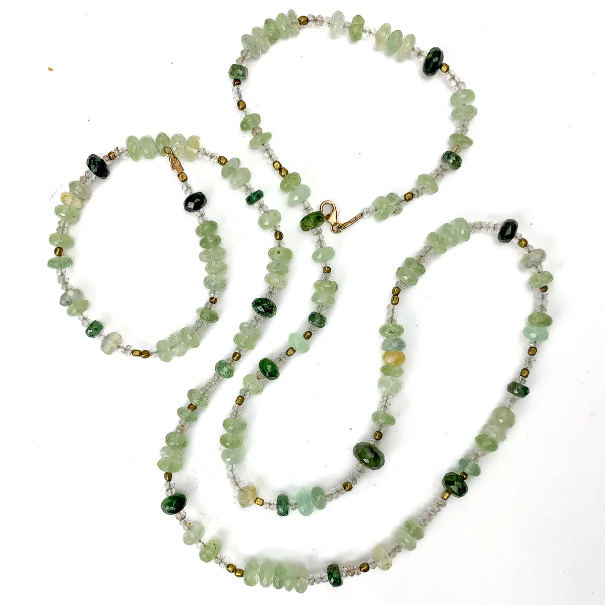 Prehnite, Crystal Quartz, Green Tourmaline and Brass Long Wrap Necklace