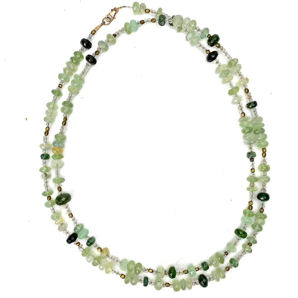 Prehnite, Crystal Quartz, Green Tourmaline and Brass Long Wrap Necklace