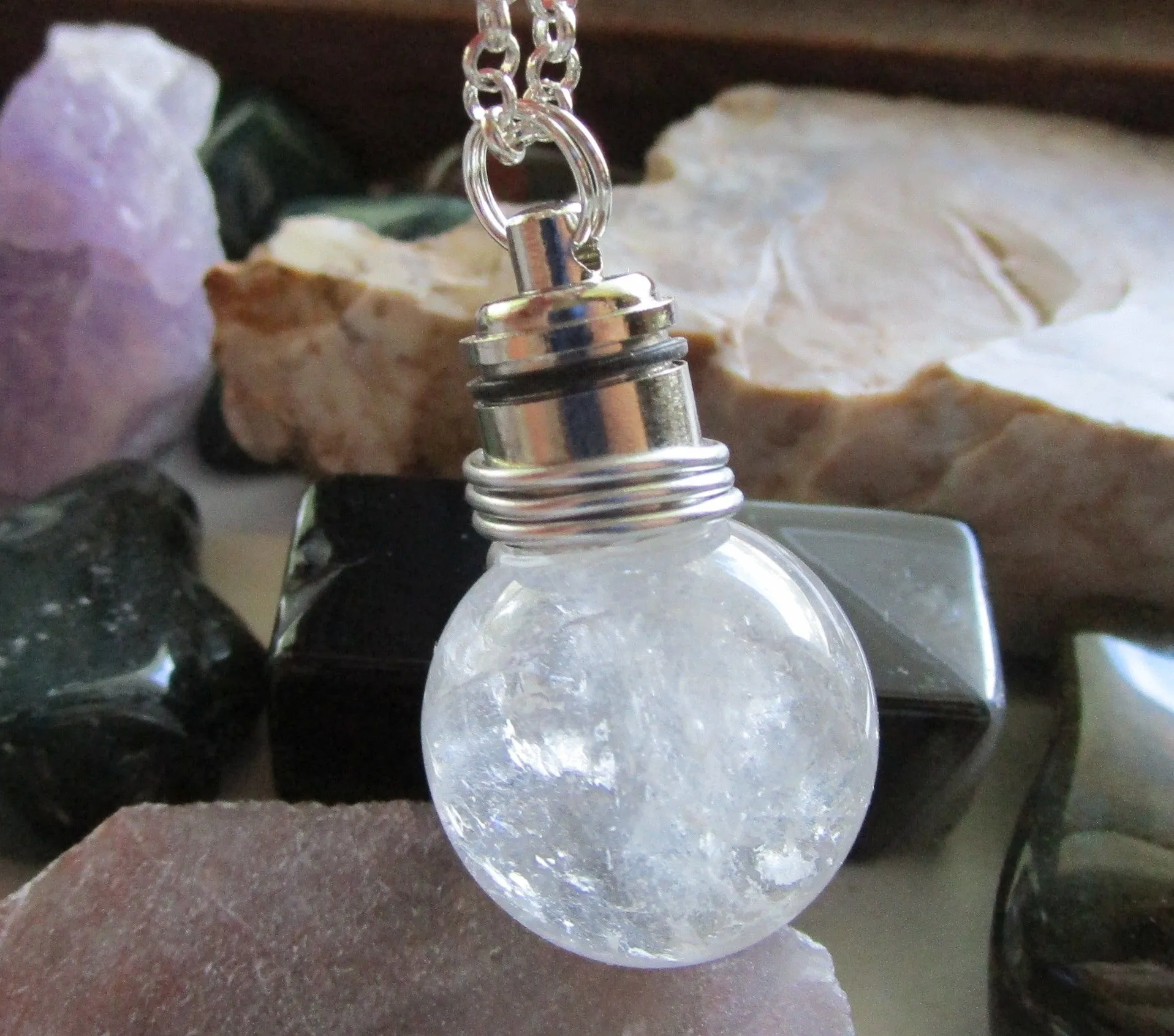 Quartz LED Color Change Natural Crystal Ball Pendant Necklace