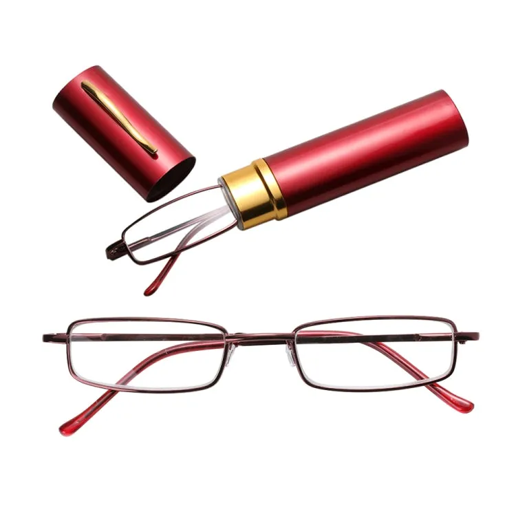 Reading Glasses Metal Spring Foot Portable Presbyopic Glasses with Tube Case  3.50D(Red)