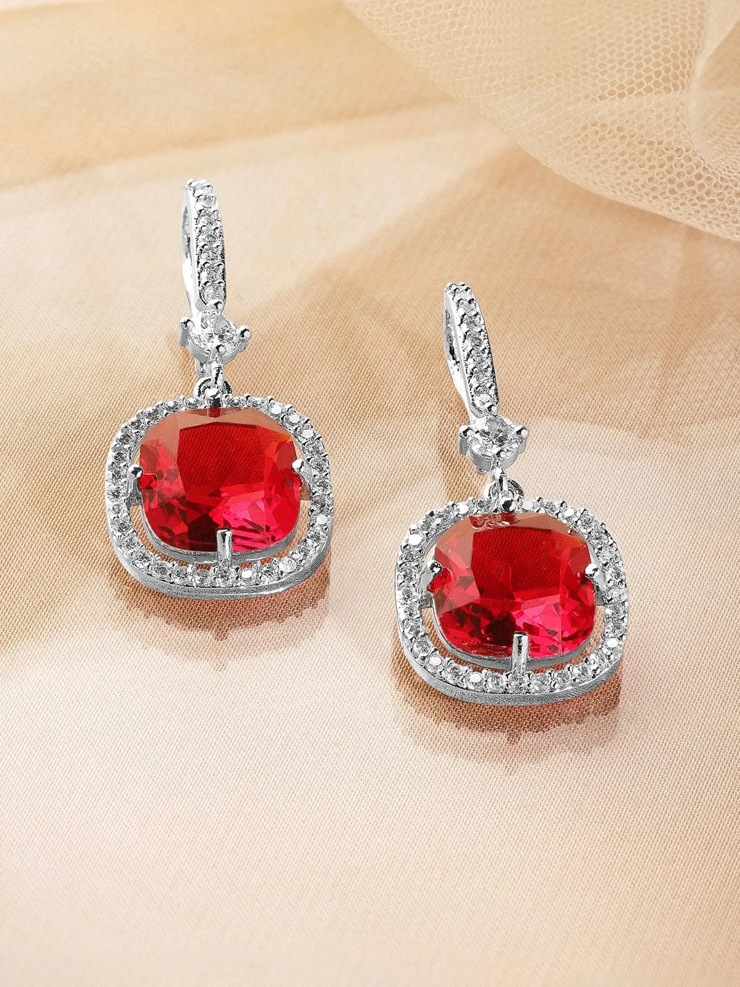 Rhodium Plated Ruby & Cubic Zirconia Studded Premium Drop Earrings