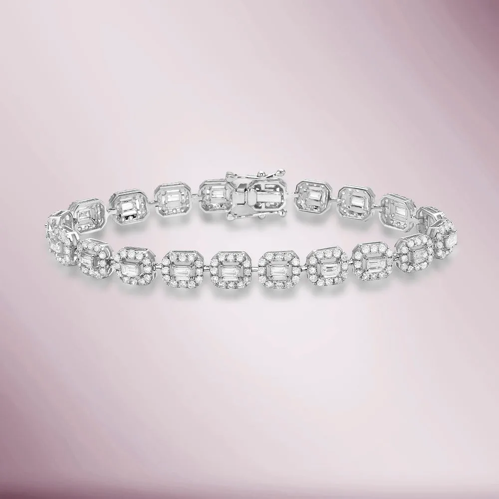 Round & Baguette Diamonds Halo Square Shape Link Bracelet (4.90 ct.) in 14K Gold