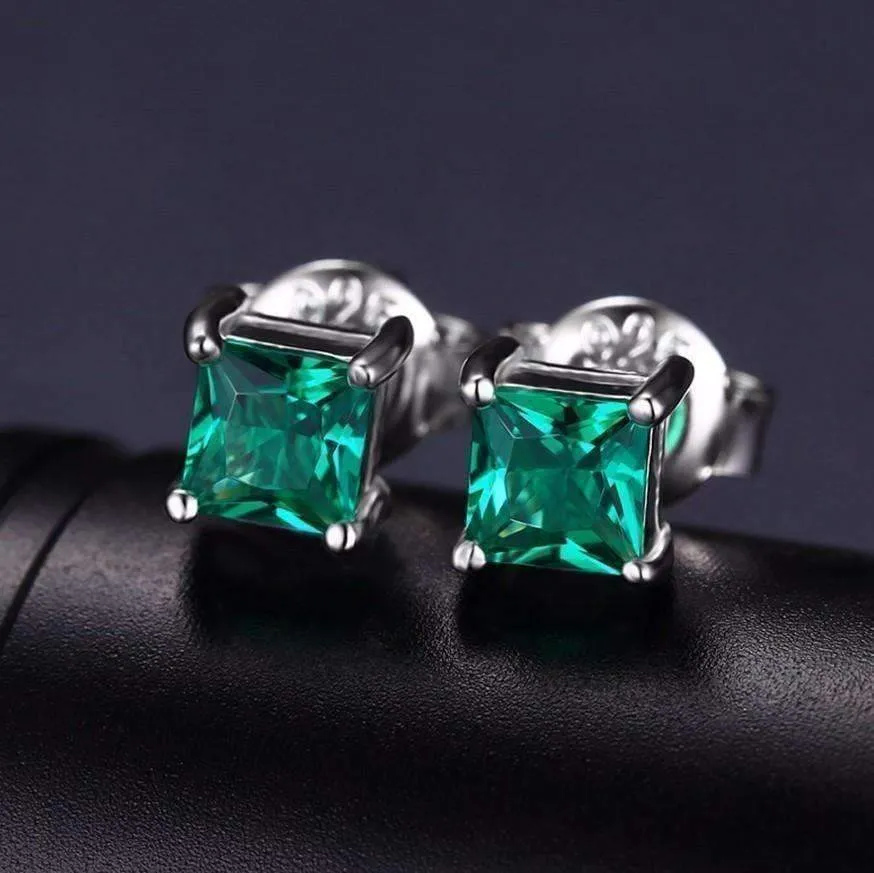 Royal Green Princess Cut 0.6 CT Simulated Emerald Stud Earrings