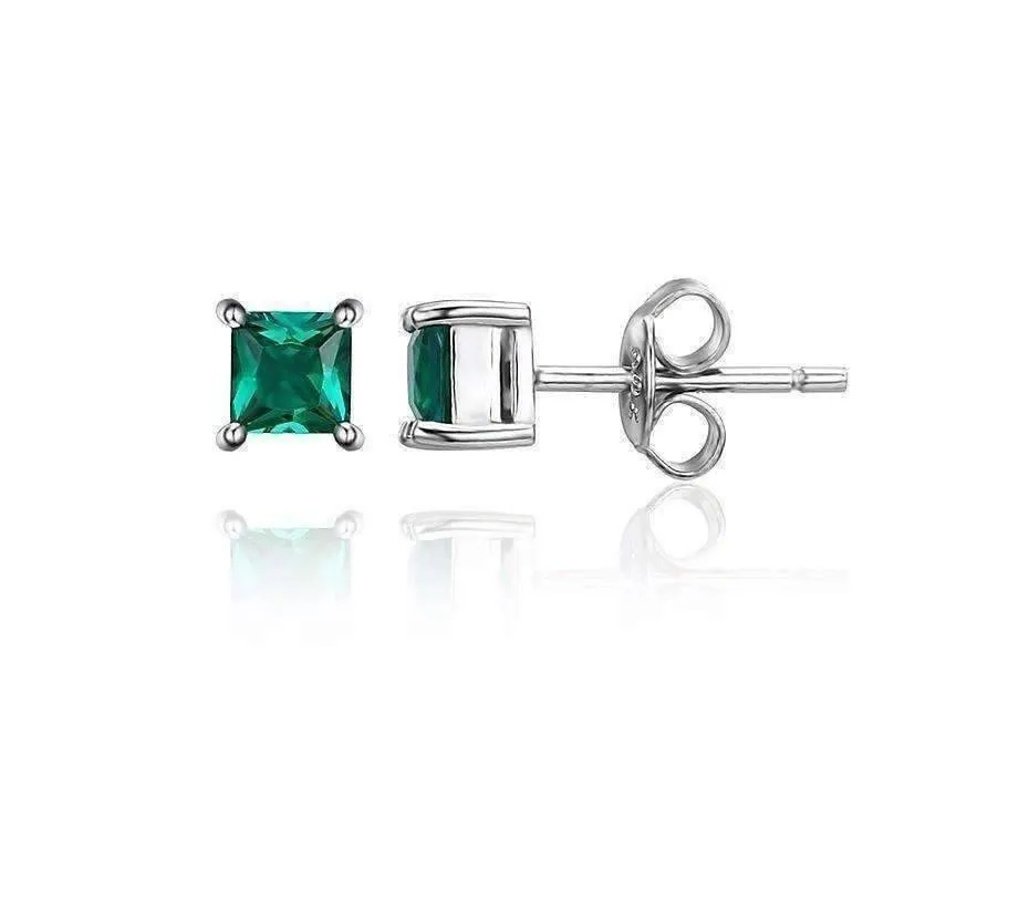 Royal Green Princess Cut 0.6 CT Simulated Emerald Stud Earrings