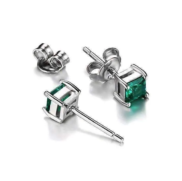 Royal Green Princess Cut 0.6 CT Simulated Emerald Stud Earrings