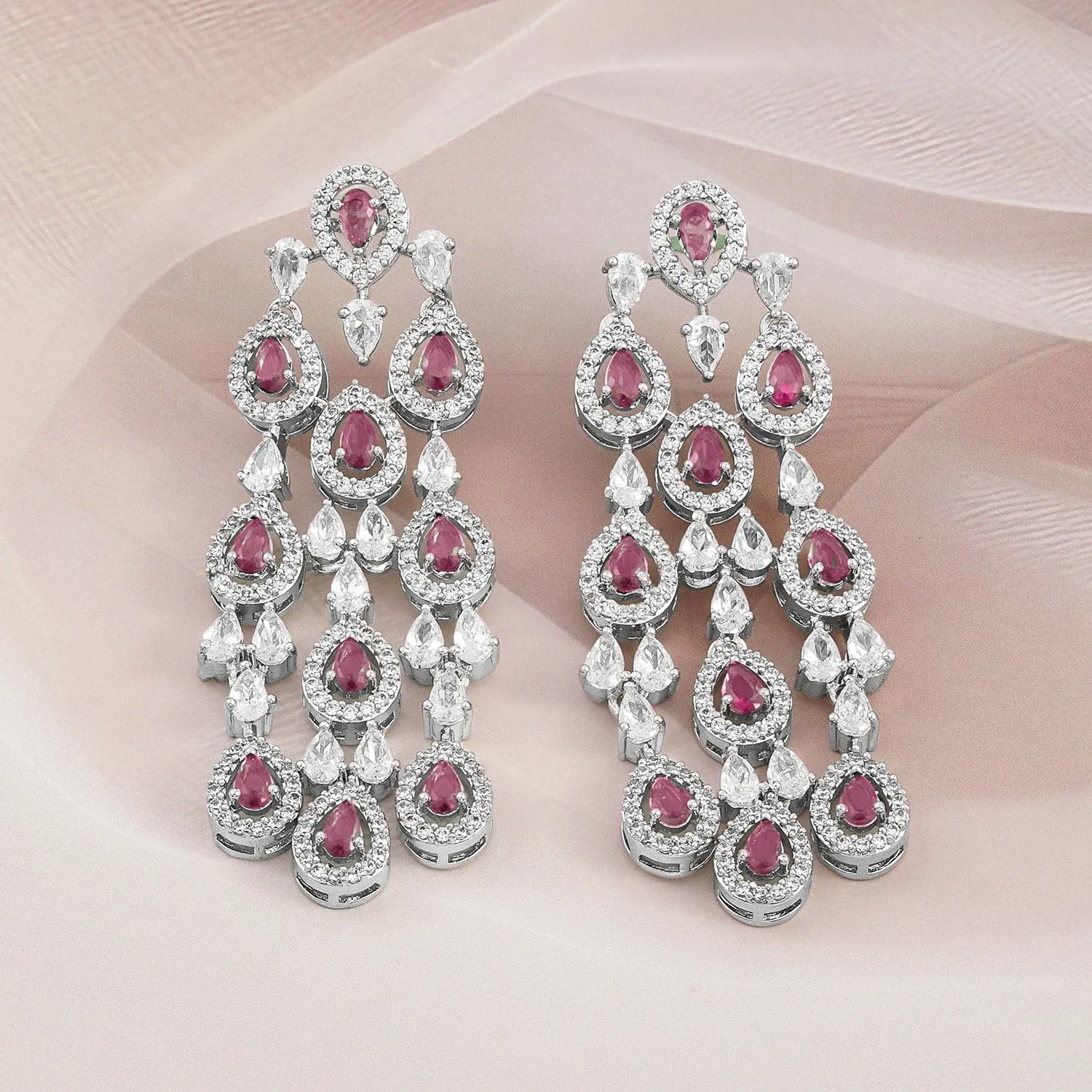 Rubans Rhodium-Plated Ruby Pink & White Cubic Zirconia Premium Chandelier Earrings