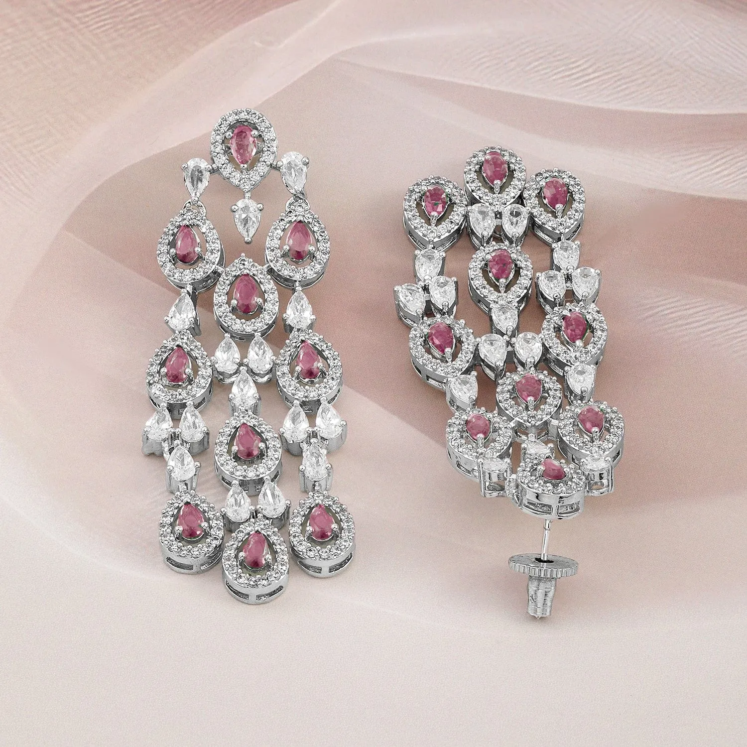 Rubans Rhodium-Plated Ruby Pink & White Cubic Zirconia Premium Chandelier Earrings