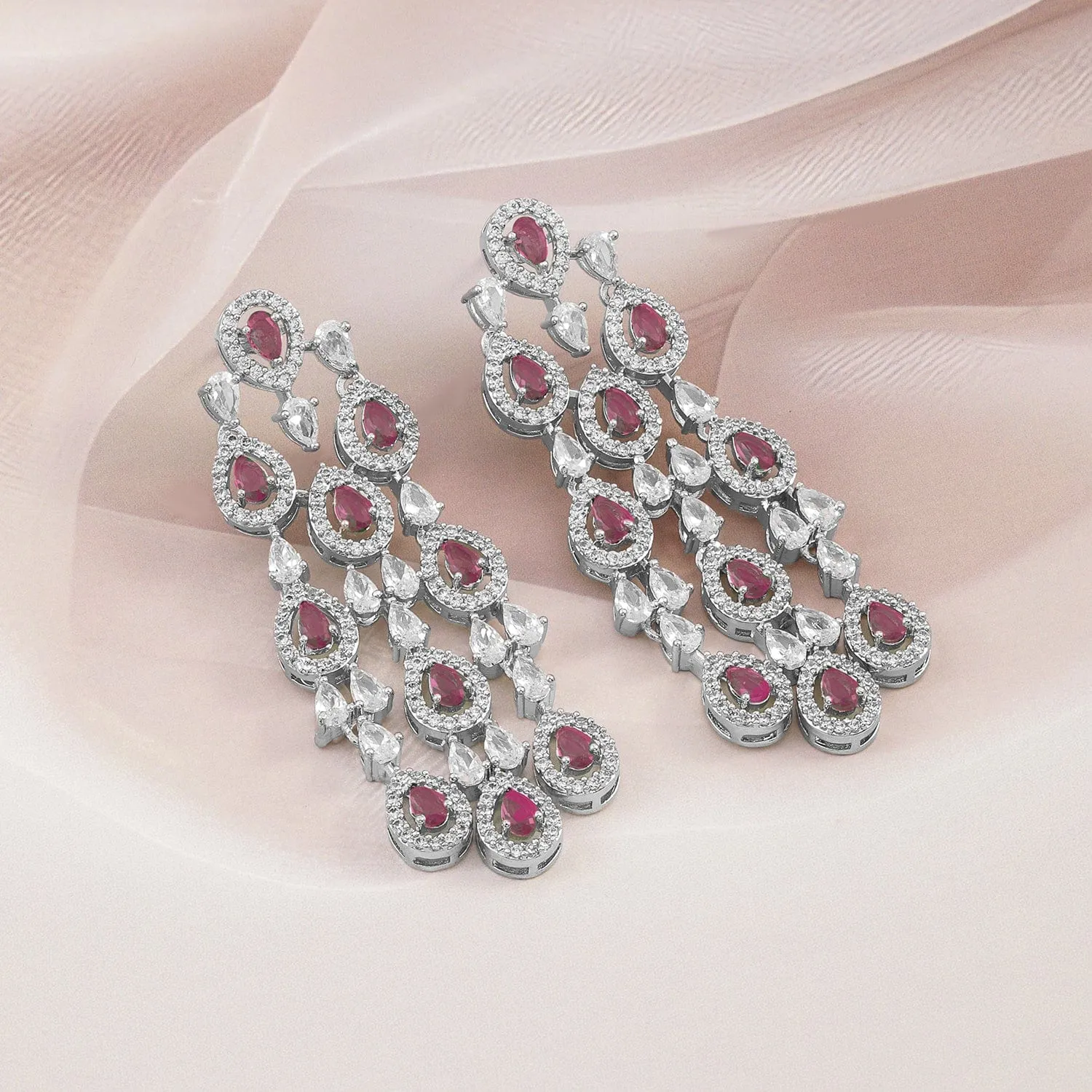 Rubans Rhodium-Plated Ruby Pink & White Cubic Zirconia Premium Chandelier Earrings