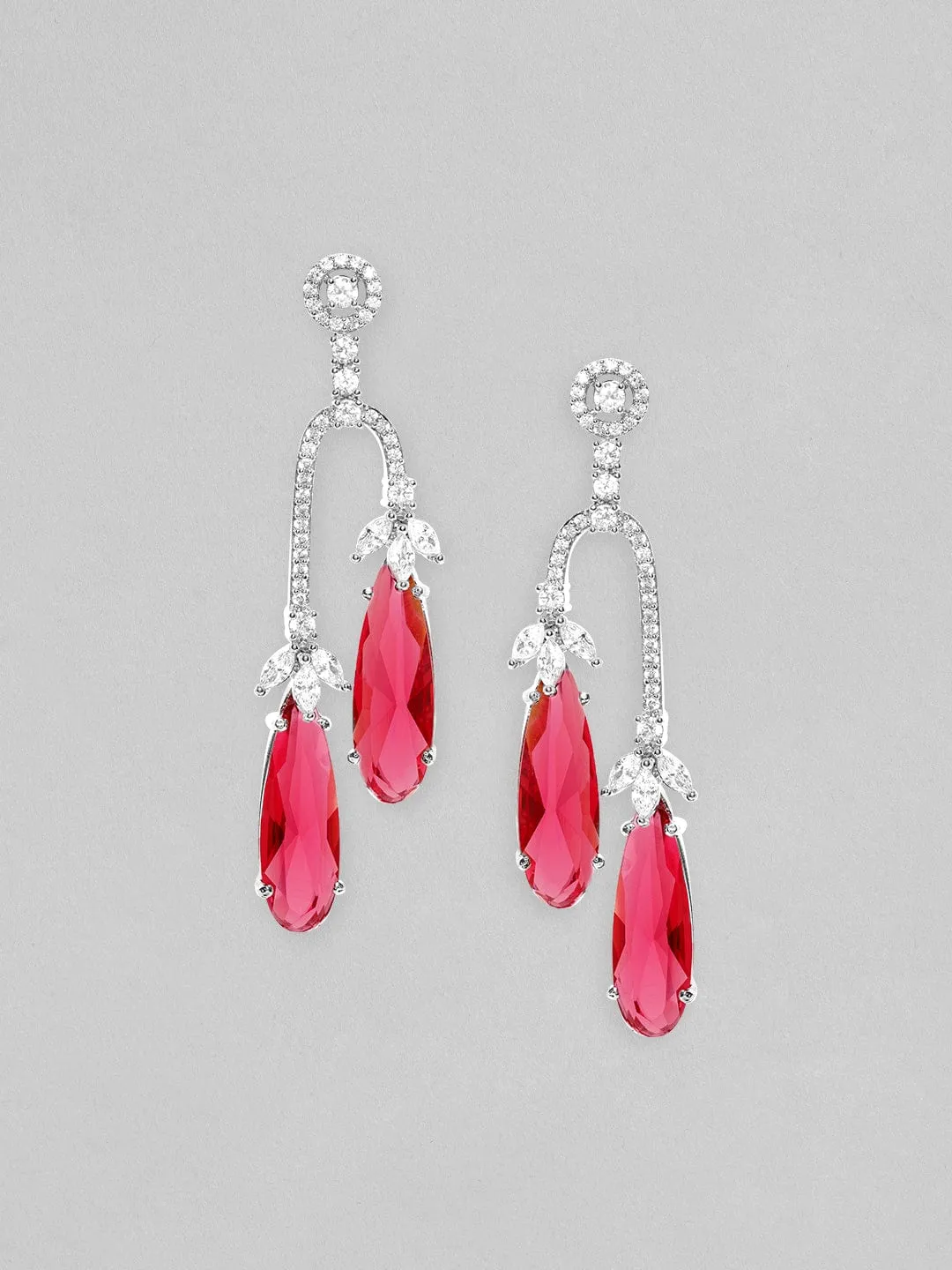 Rubans Rhodium Plated Ruby Red Zirconia Teardrop Dangle Earrings