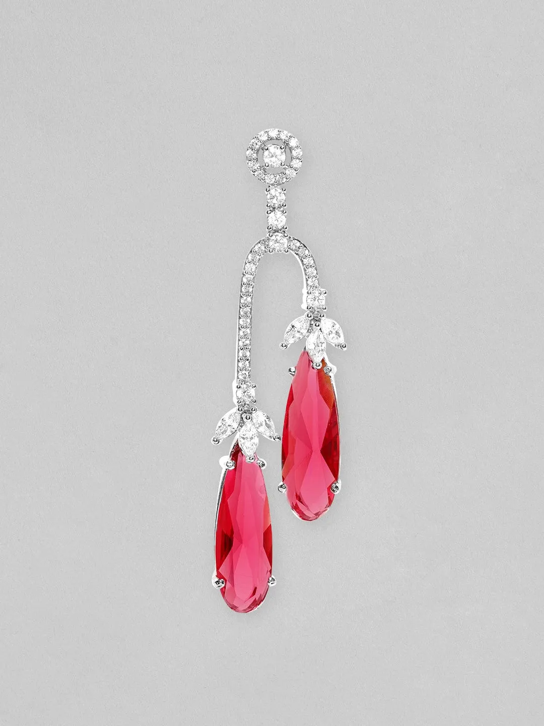 Rubans Rhodium Plated Ruby Red Zirconia Teardrop Dangle Earrings