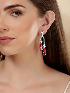 Rubans Rhodium Plated Ruby Red Zirconia Teardrop Dangle Earrings