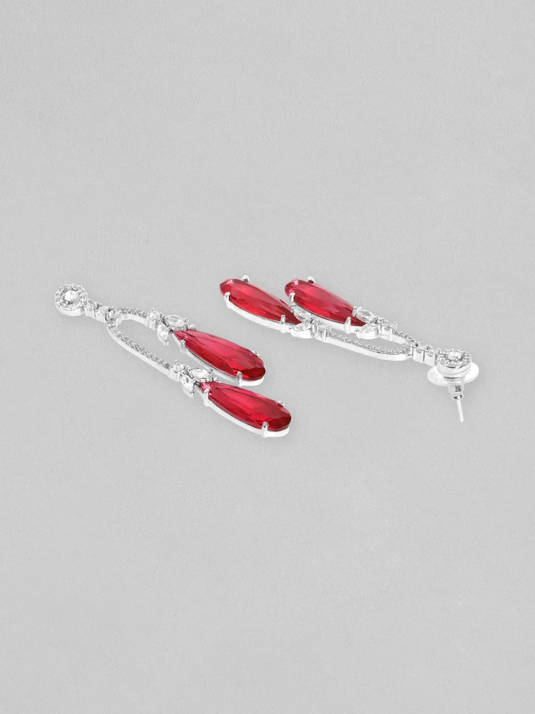 Rubans Rhodium Plated Ruby Red Zirconia Teardrop Dangle Earrings