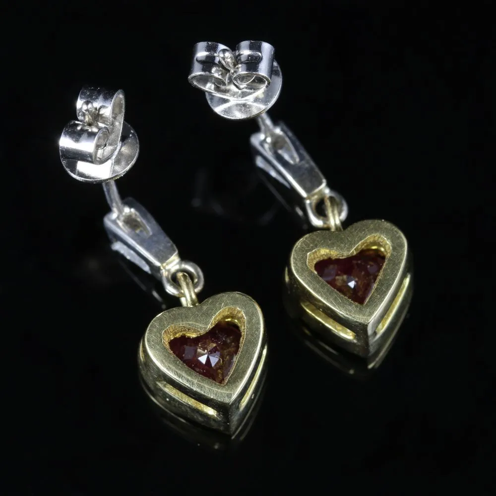 Ruby And Diamond Heart Earrings 18Ct Gold Baguette Cut Diamonds