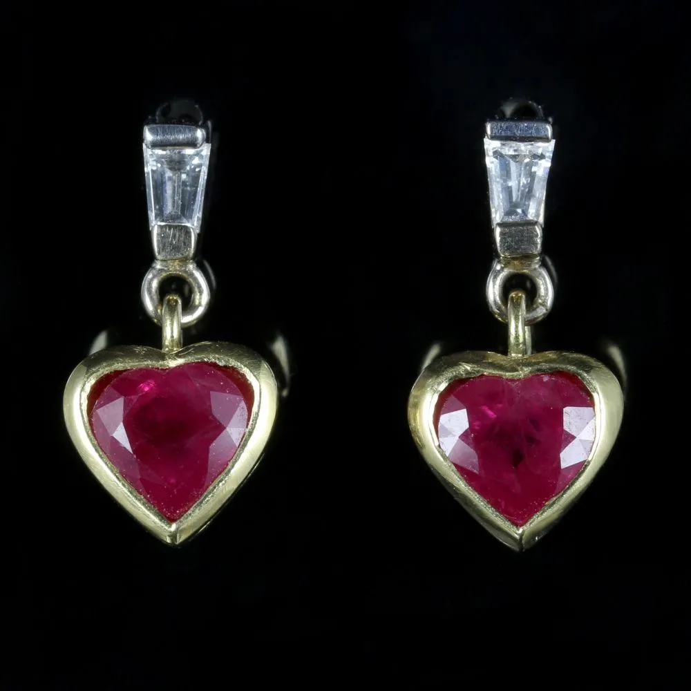 Ruby And Diamond Heart Earrings 18Ct Gold Baguette Cut Diamonds