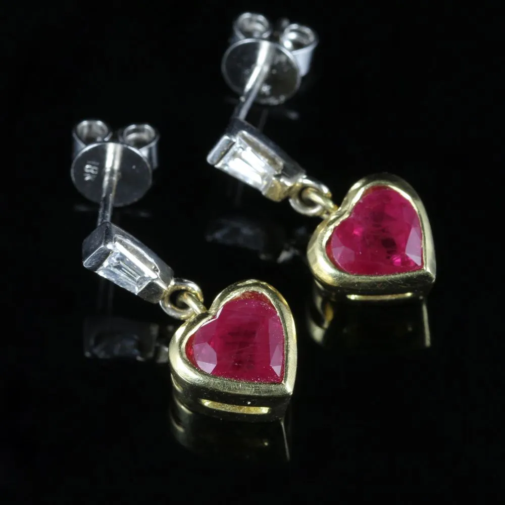 Ruby And Diamond Heart Earrings 18Ct Gold Baguette Cut Diamonds