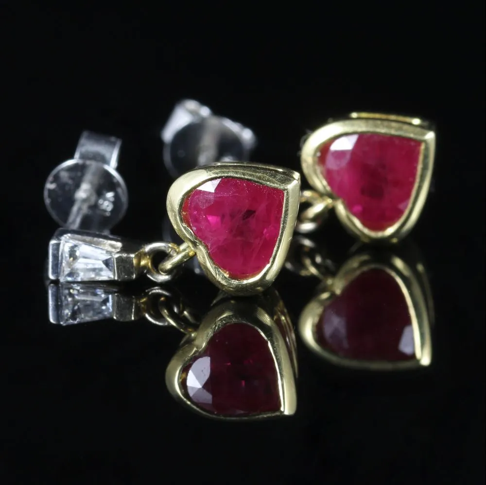 Ruby And Diamond Heart Earrings 18Ct Gold Baguette Cut Diamonds