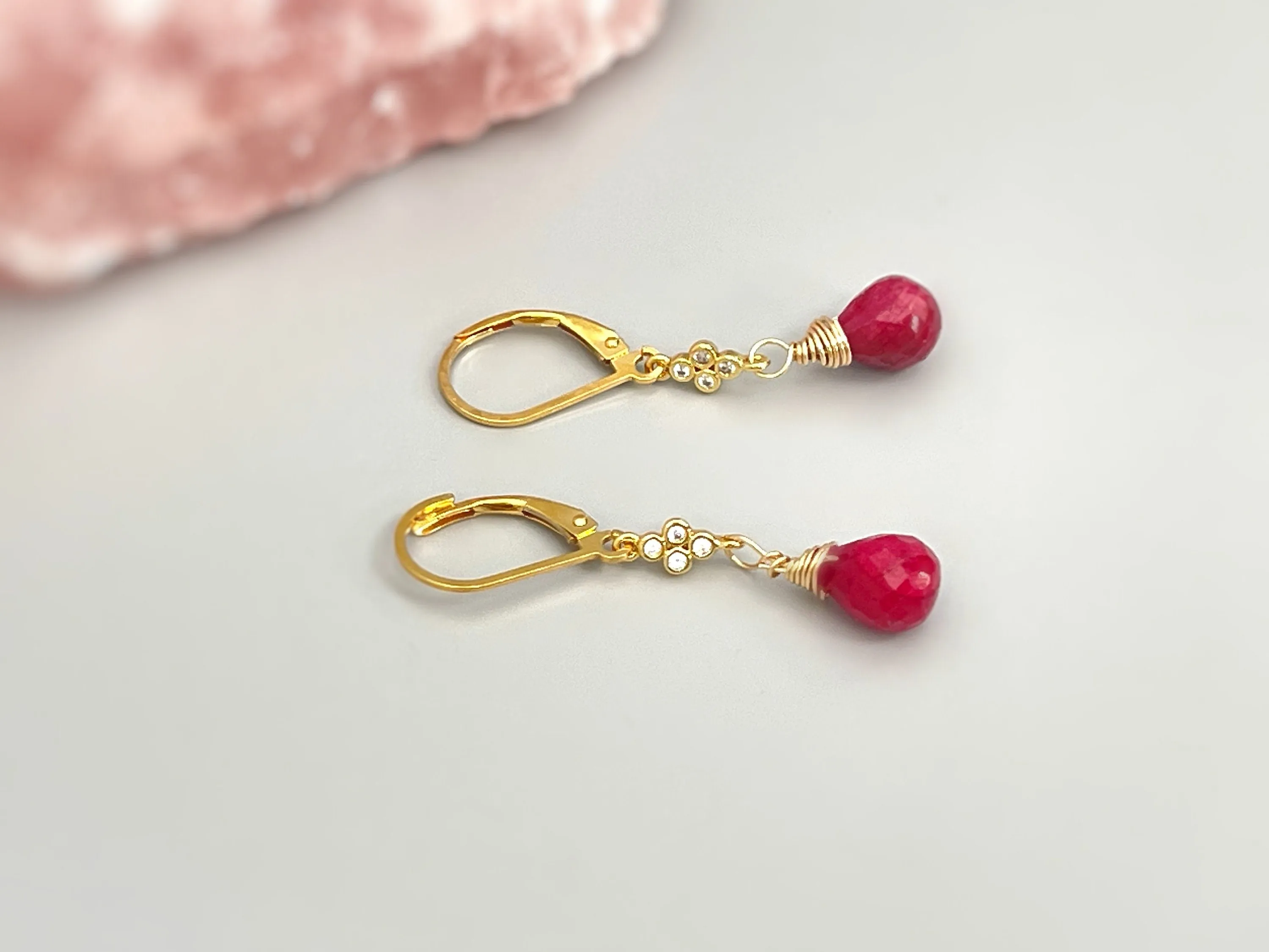 Ruby earrings dangle 14k Fill Gold, crystal