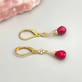 Ruby earrings dangle 14k Fill Gold, crystal