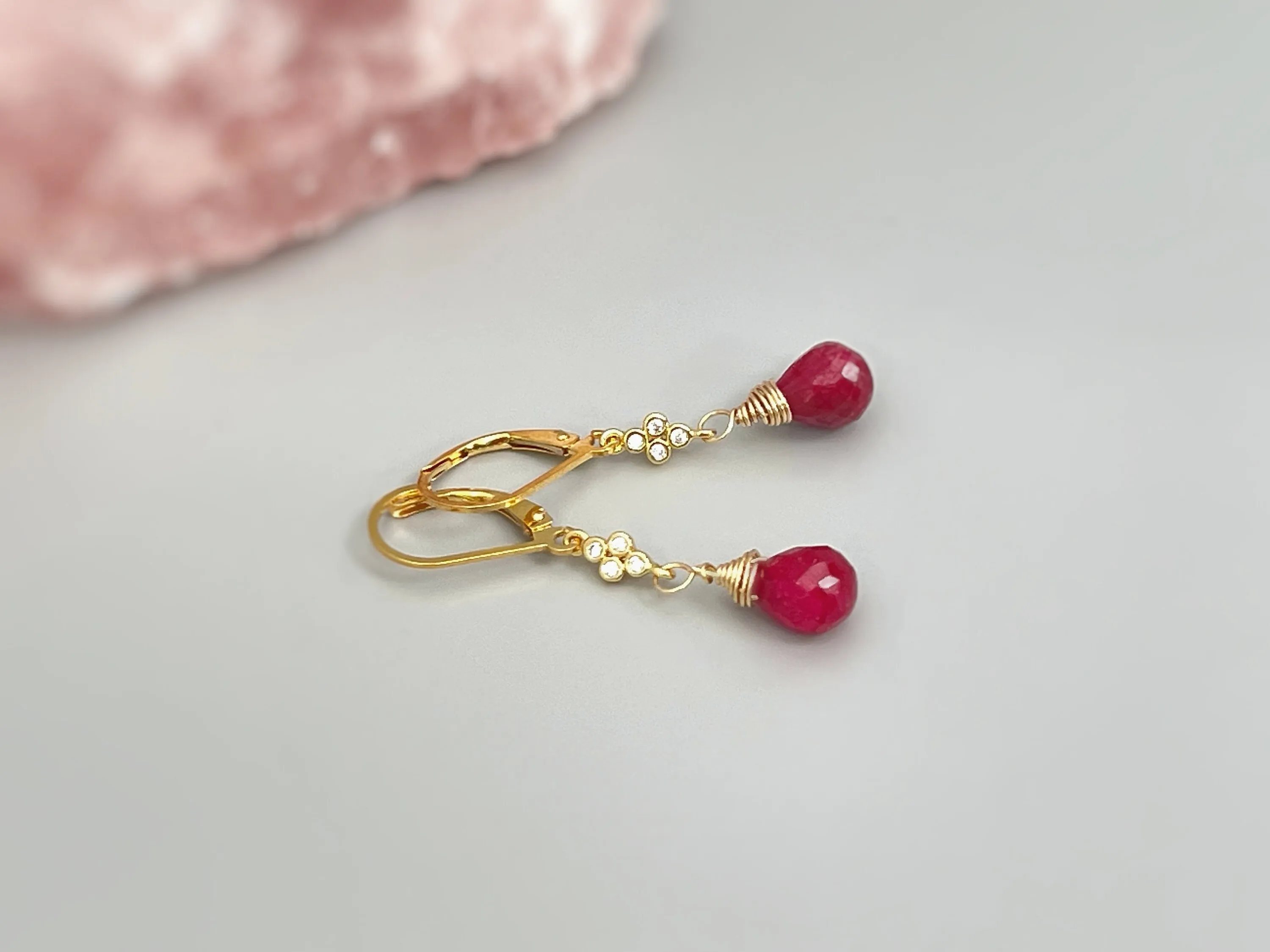 Ruby earrings dangle 14k Fill Gold, crystal