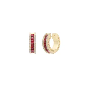 Sabel Collection Yellow Gold Square Ruby and Diamond Huggie Earrings