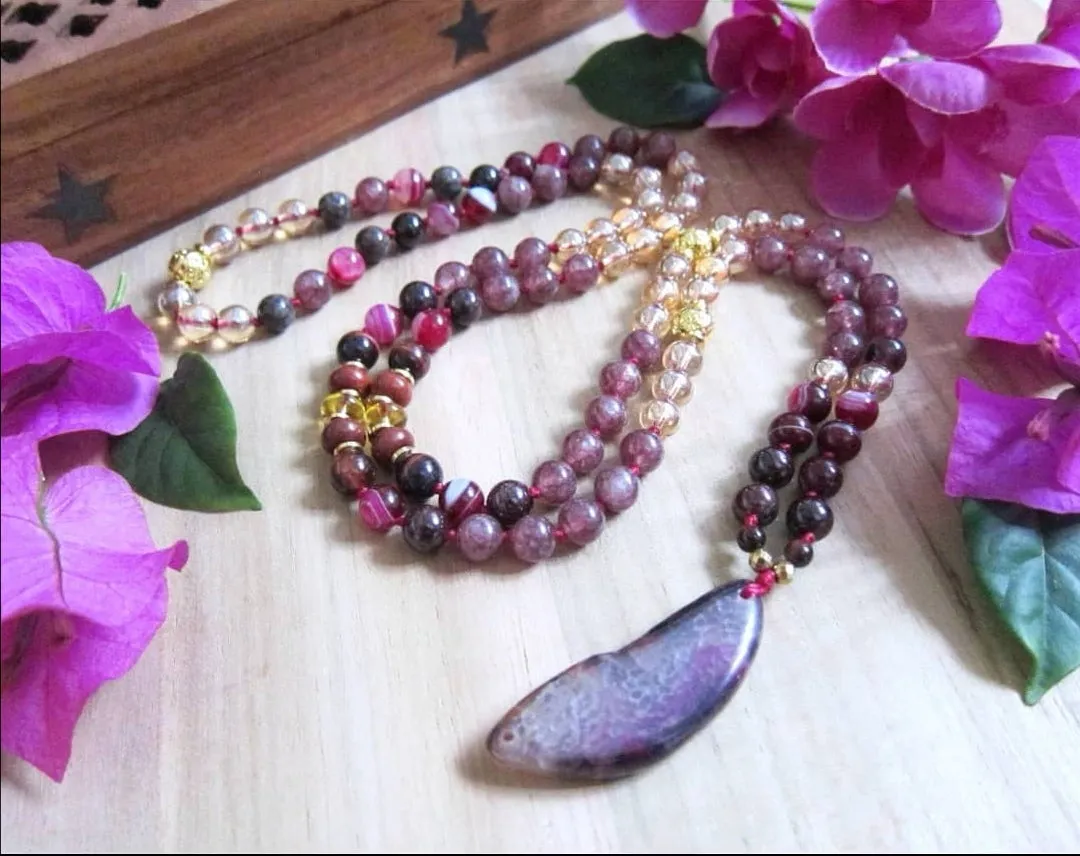 SALE - Garnet, Lepidolite, Aura Angel Quartz Necklace w/ Red Fuchsia Agate Pendant