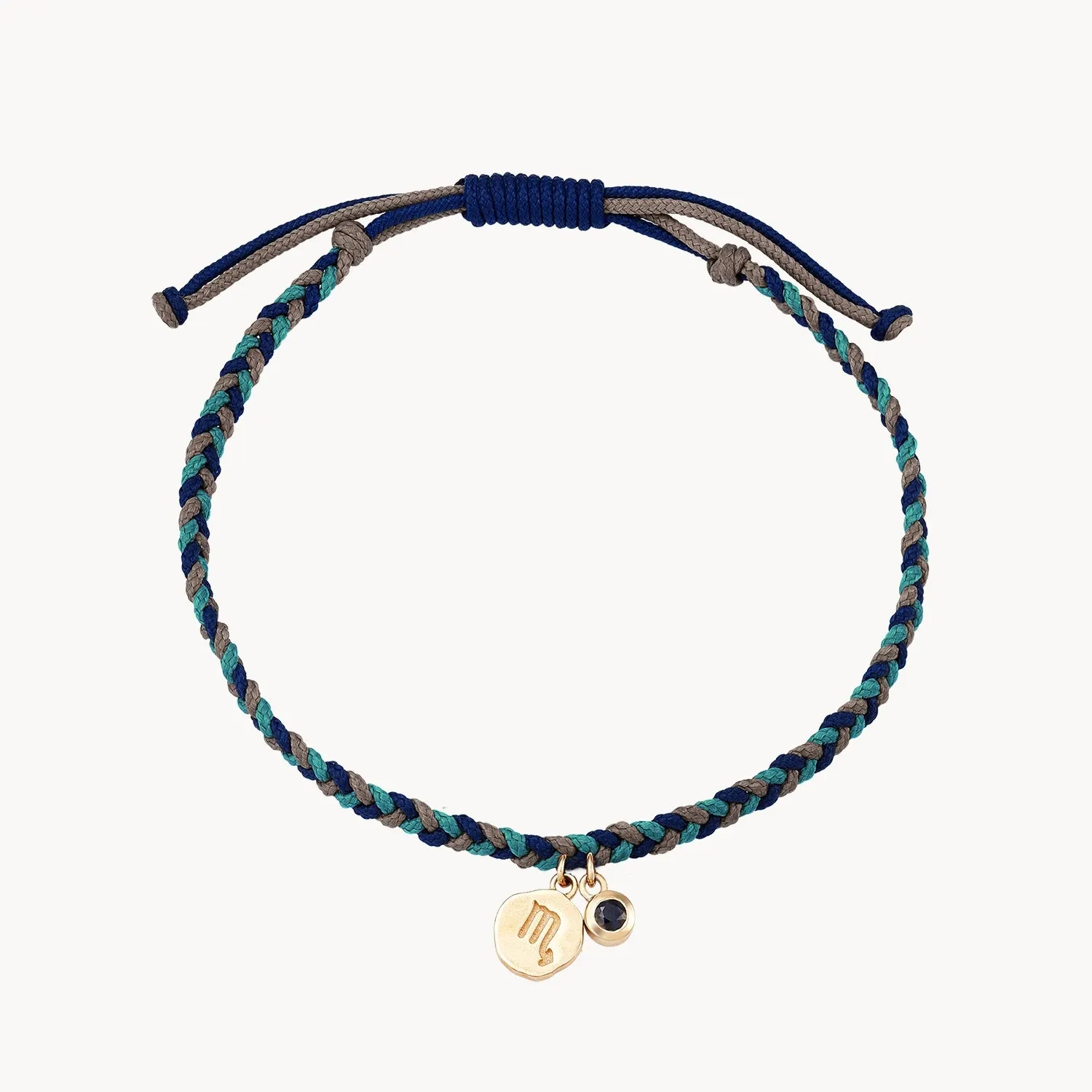 scorpio zodiac water element cord bracelet - 10k yellow gold, blue sapphire, cord