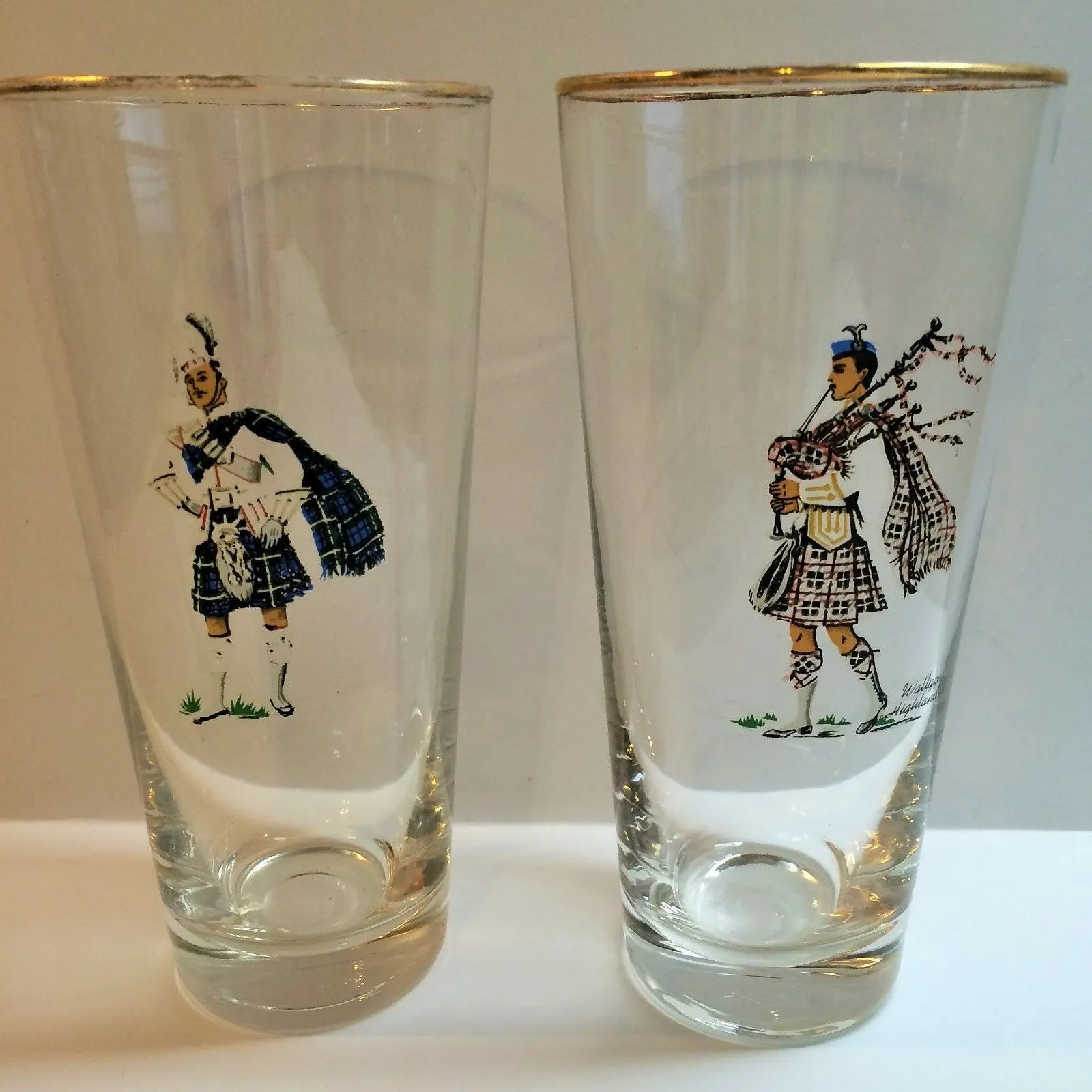 Set of 7 Vintage Scottish Highlander Clan Tartan Kilt Drinking Glasses / Tumblers