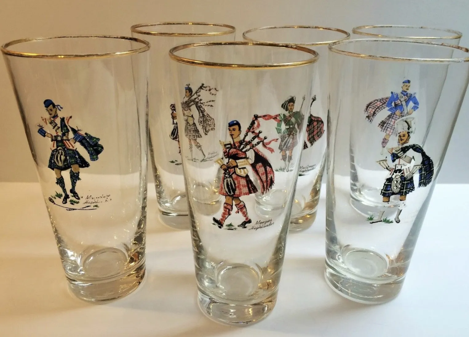 Set of 7 Vintage Scottish Highlander Clan Tartan Kilt Drinking Glasses / Tumblers