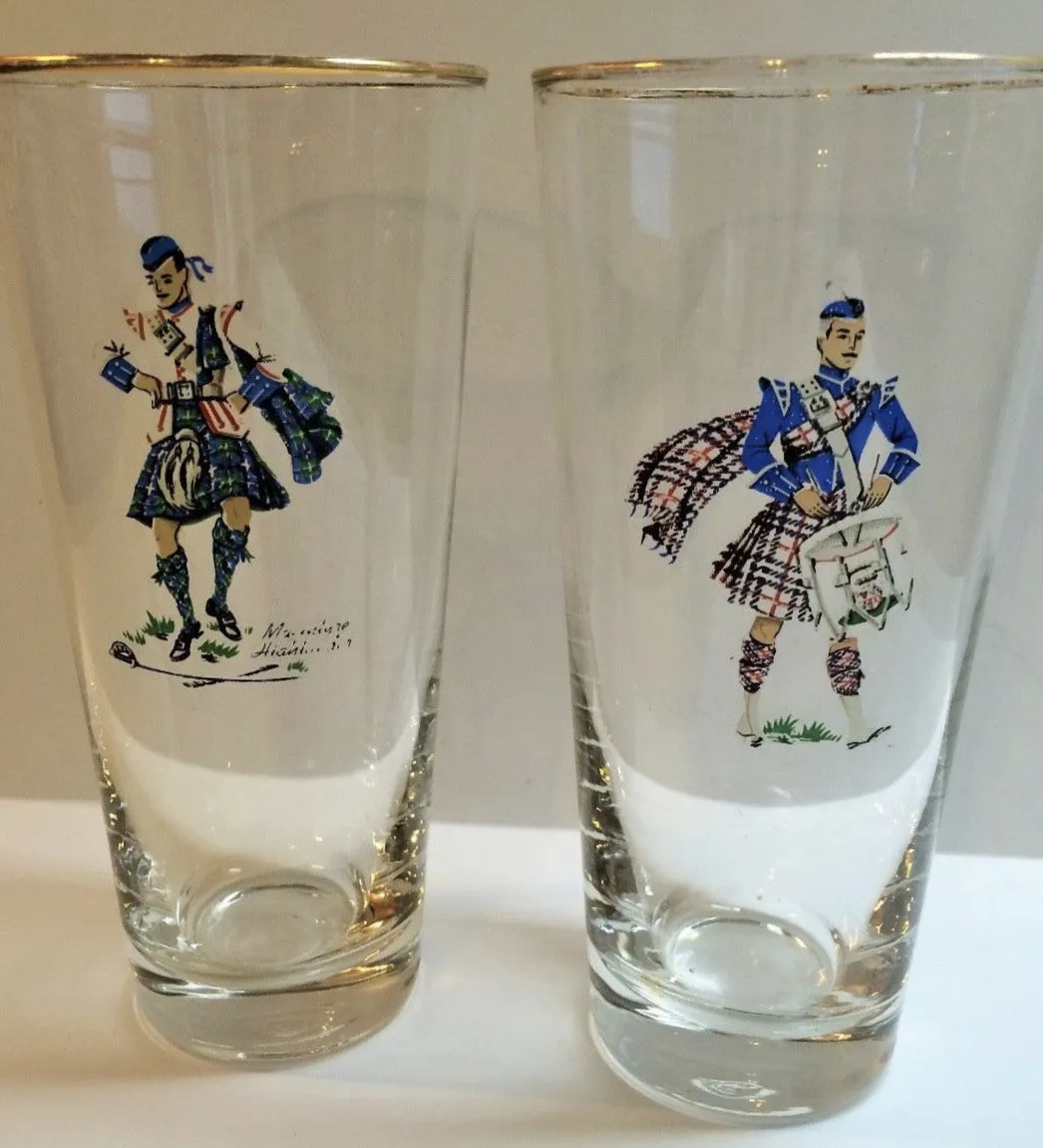 Set of 7 Vintage Scottish Highlander Clan Tartan Kilt Drinking Glasses / Tumblers