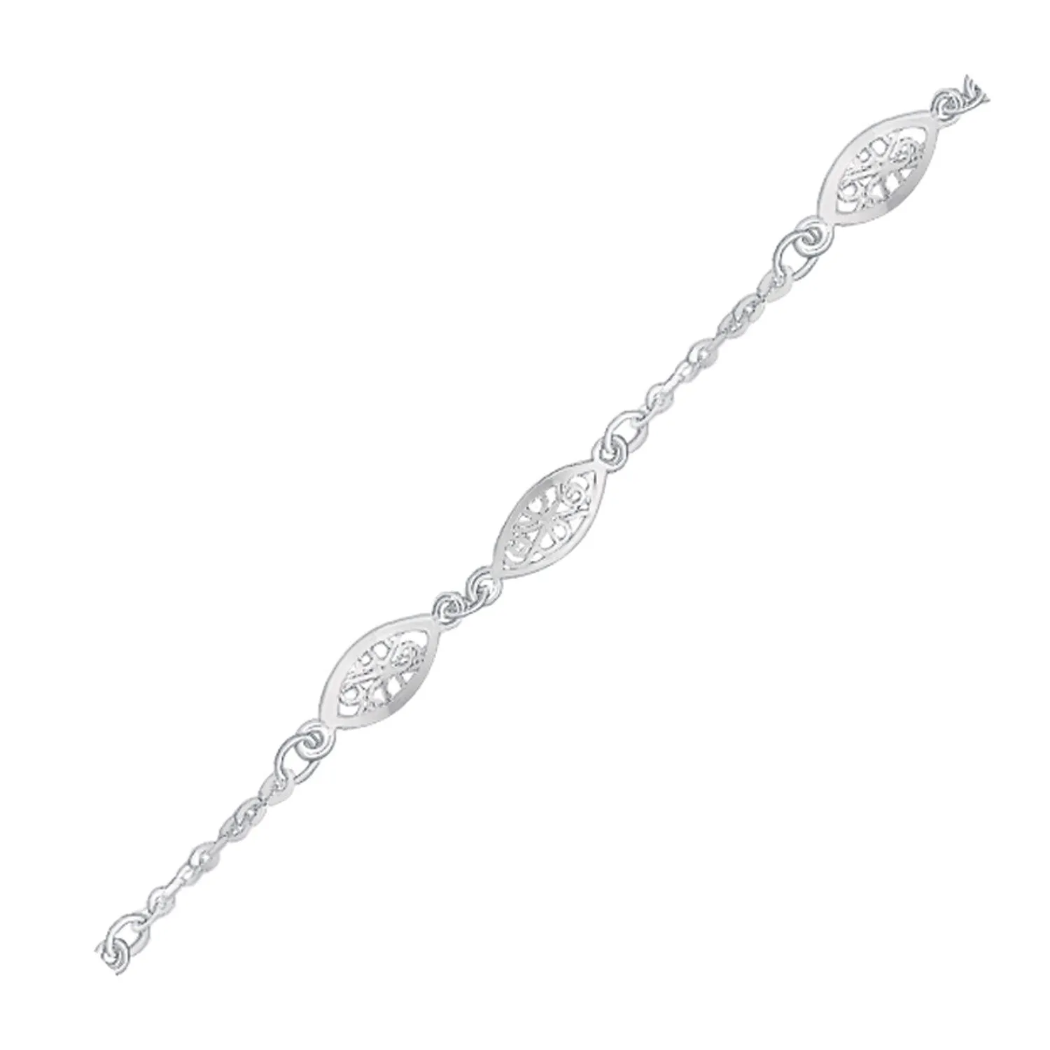 Size: 10'' - 14k White Gold Filigree Marquise Stationed Anklet