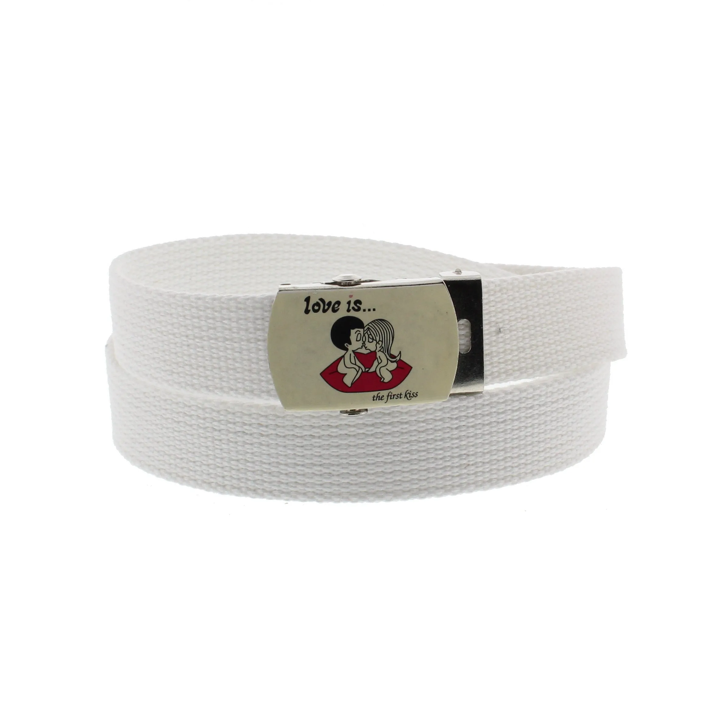 Skinny Webbing Belt with LOVE IS Slider Buckle - Random Buckle Design (Length - 114cm, Width - 2.4Cm)