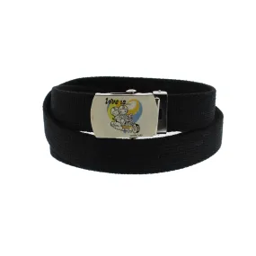 Skinny Webbing Belt with LOVE IS Slider Buckle - Random Buckle Design (Length - 114cm, Width - 2.4Cm)