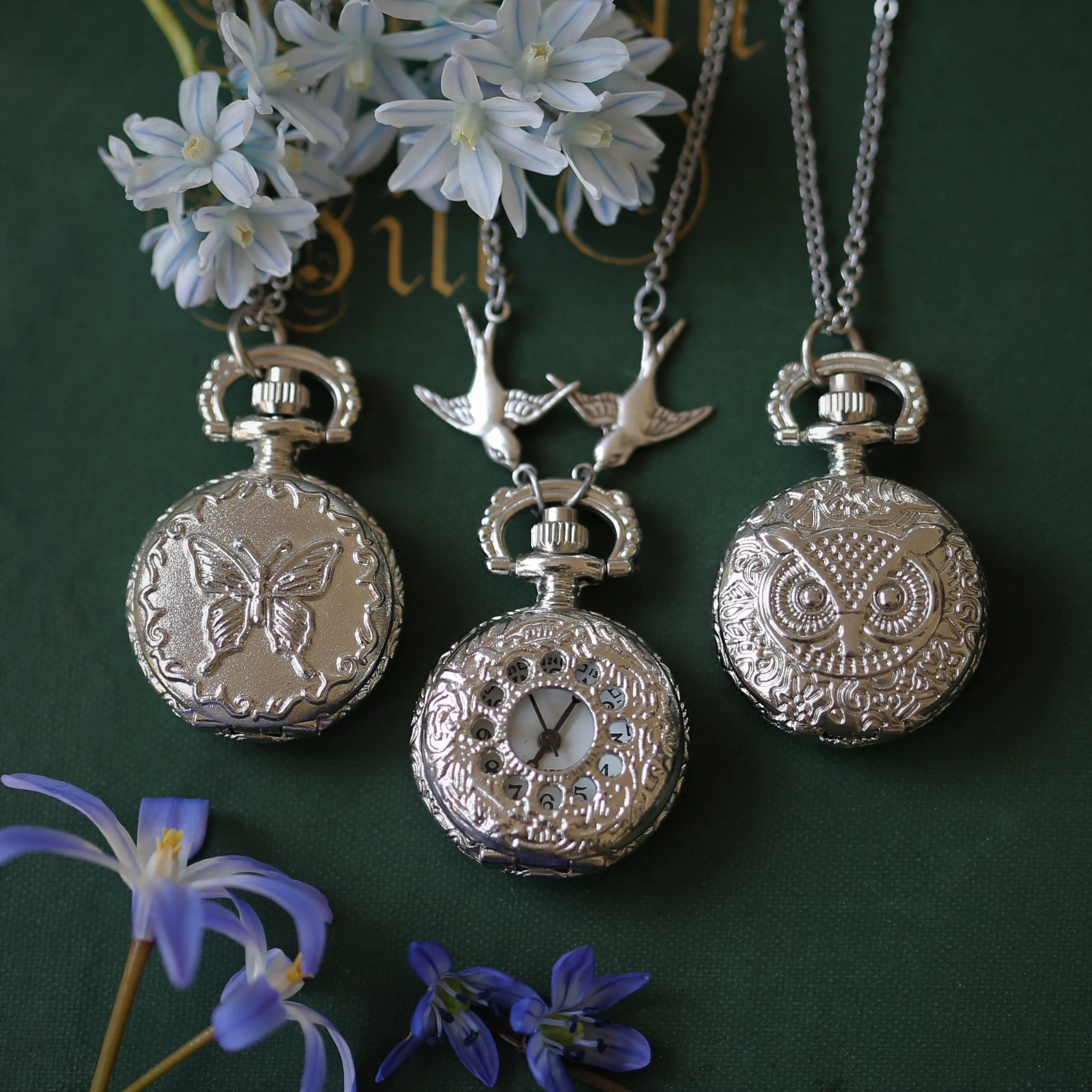 Small Silver Pocket Watch Necklace in Vintage Style Choose: Sun& Moons, Butterfly or Owl