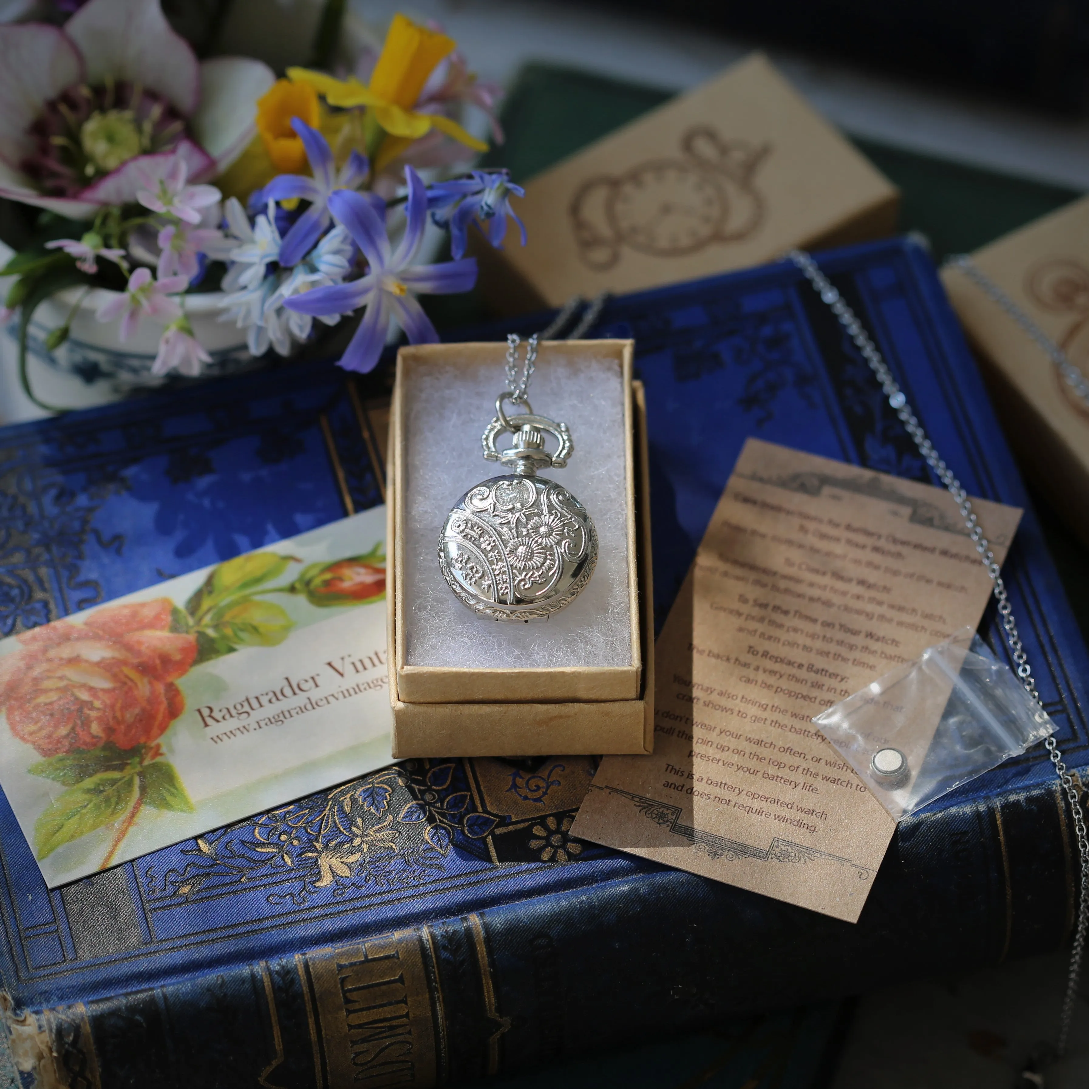 Small Silver Pocket Watch Necklace in Vintage Style Choose: Sun& Moons, Butterfly or Owl