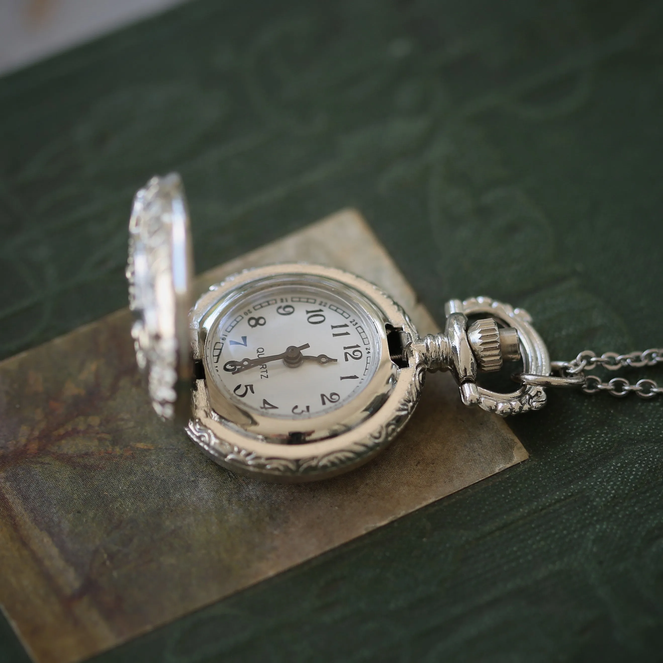 Small Silver Pocket Watch Necklace in Vintage Style Choose: Sun& Moons, Butterfly or Owl