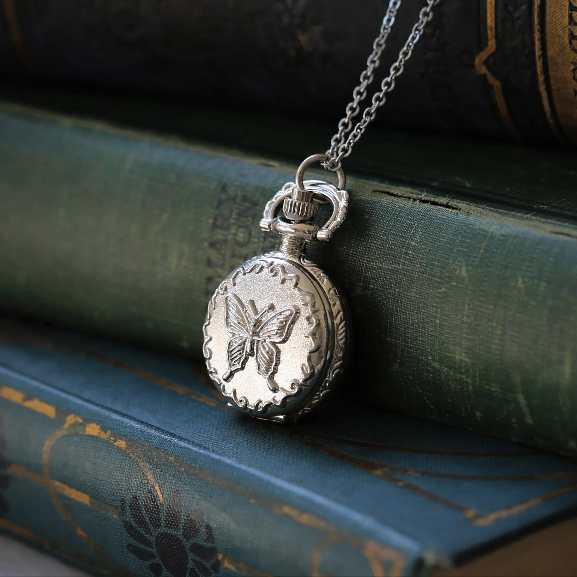 Small Silver Pocket Watch Necklace in Vintage Style Choose: Sun& Moons, Butterfly or Owl