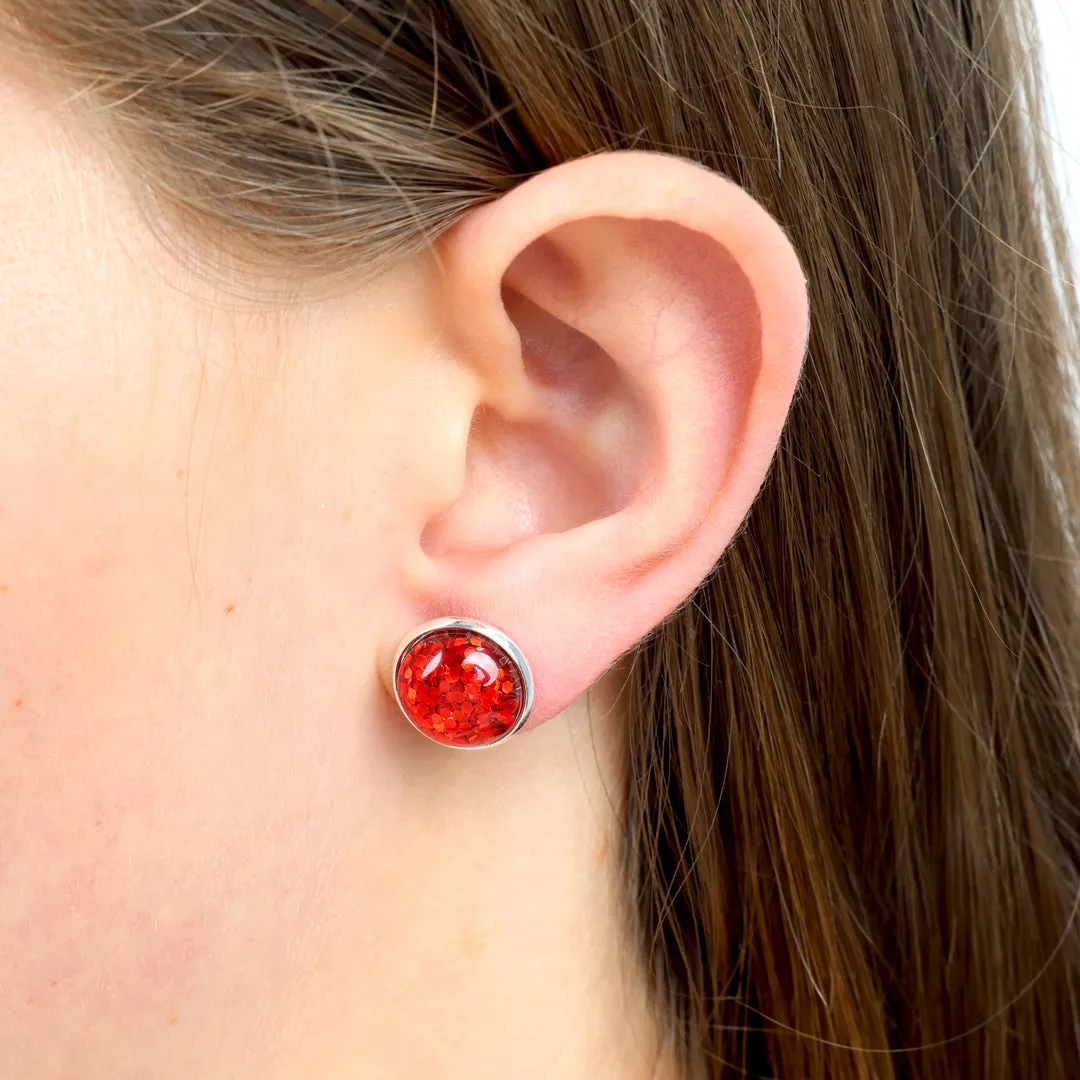 SPARKLEFEST - She Leaves A Little Sparkle - Vintage Copper 12mm Circle Studs - Ruby Red Glitter (9205)