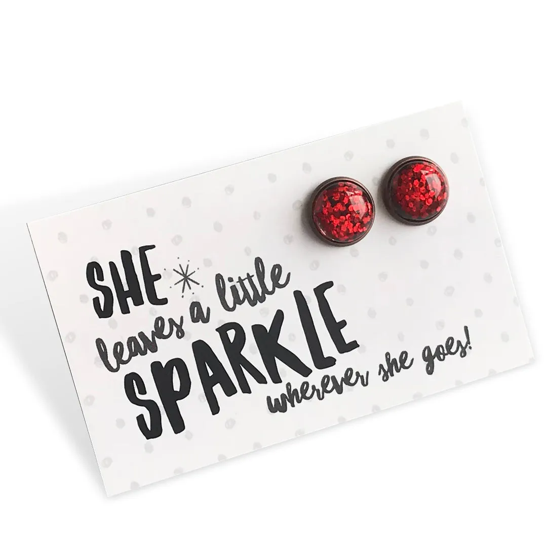 SPARKLEFEST - She Leaves A Little Sparkle - Vintage Copper 12mm Circle Studs - Ruby Red Glitter (9205)