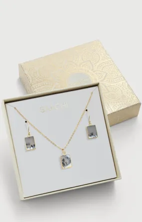 Square Gemstone Mini Earring And Necklace Set