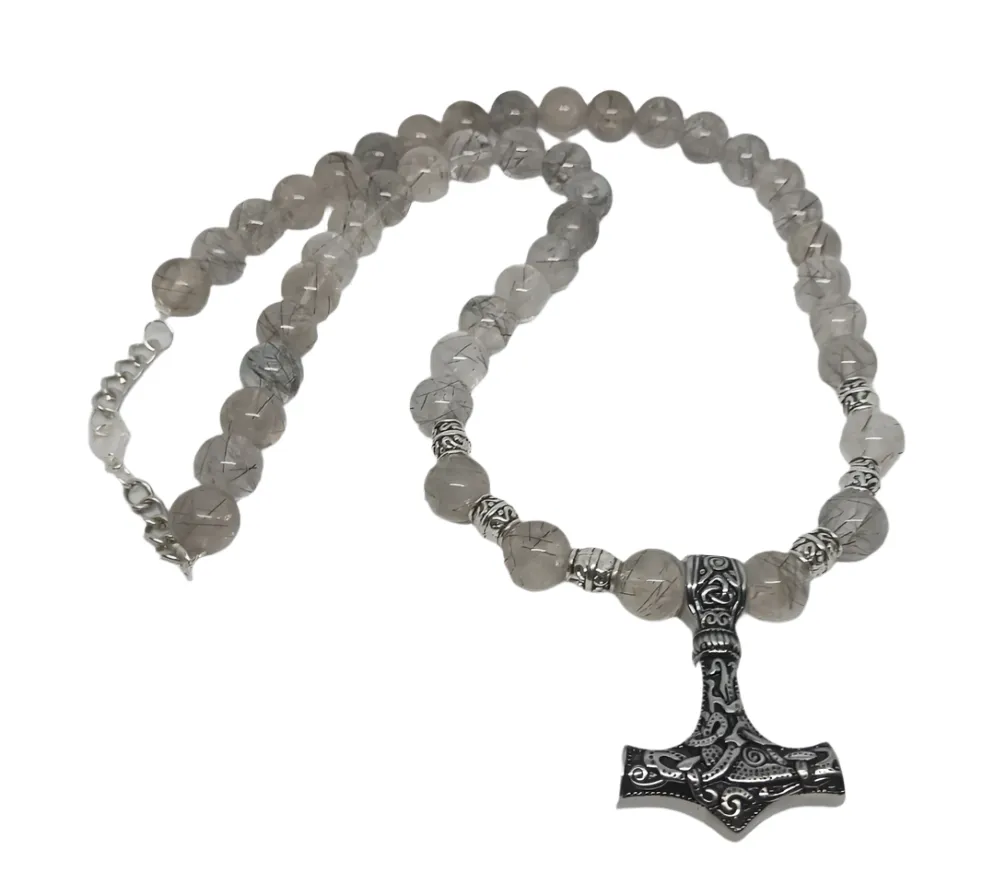 Stainless Steel Mjölnir Necklace with Black Rutile Quartz Crystal