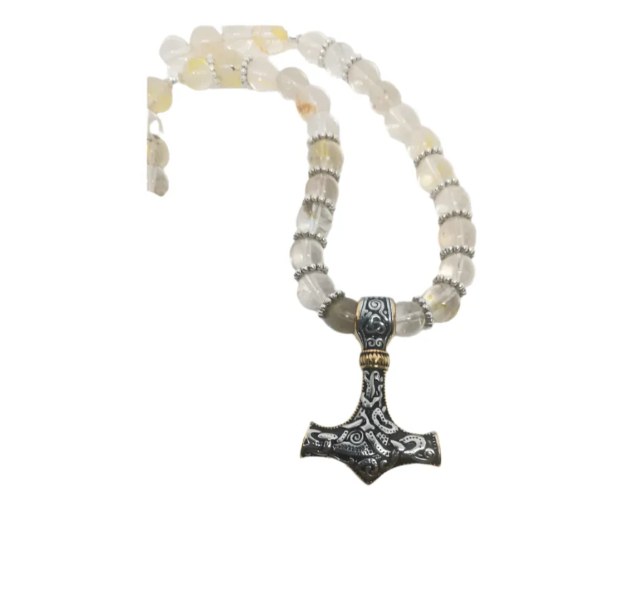 Stainless Steel Mjölnir Necklace with Golden Rutilalted Quartz Crystal