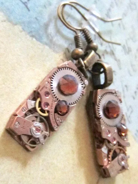 Steampunk Earrings Rose gold with Topaz Swarovski Crystals Steampunk Earrings Repurposed Jewelry Perfect Stocking stuffer birthday gift