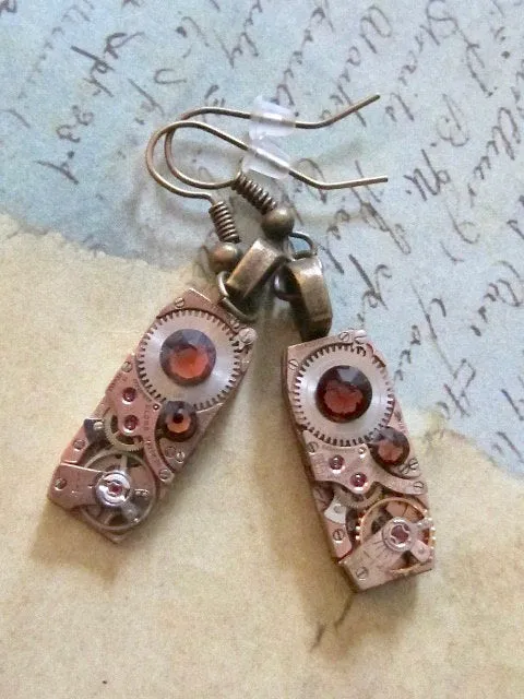 Steampunk Earrings Rose gold with Topaz Swarovski Crystals Steampunk Earrings Repurposed Jewelry Perfect Stocking stuffer birthday gift