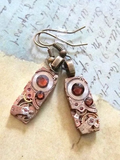 Steampunk Earrings Rose gold with Topaz Swarovski Crystals Steampunk Earrings Repurposed Jewelry Perfect Stocking stuffer birthday gift