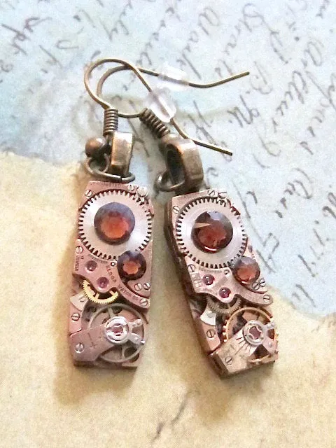 Steampunk Earrings Rose gold with Topaz Swarovski Crystals Steampunk Earrings Repurposed Jewelry Perfect Stocking stuffer birthday gift