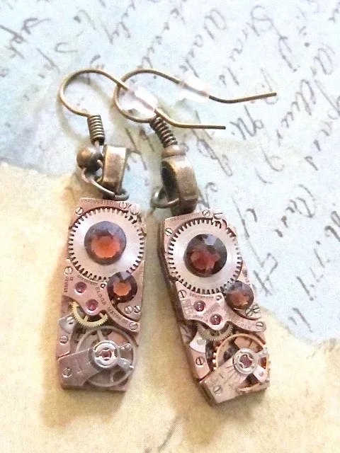 Steampunk Earrings Rose gold with Topaz Swarovski Crystals Steampunk Earrings Repurposed Jewelry Perfect Stocking stuffer birthday gift