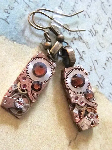 Steampunk Earrings Rose gold with Topaz Swarovski Crystals Steampunk Earrings Repurposed Jewelry Perfect Stocking stuffer birthday gift