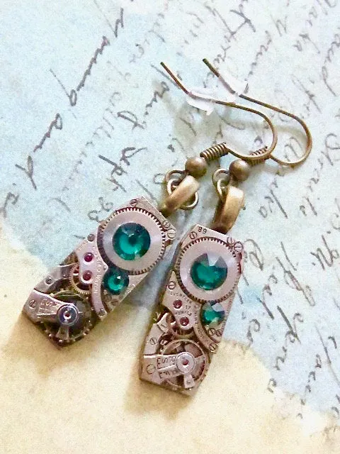 Steampunk watch movement earrings  - Emerald Earrings - Repurposed art