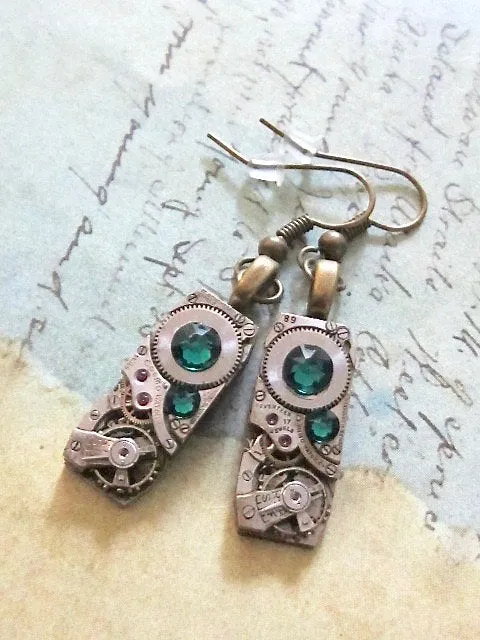 Steampunk watch movement earrings  - Emerald Earrings - Repurposed art