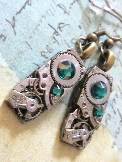 Steampunk watch movement earrings  - Emerald Earrings - Repurposed art